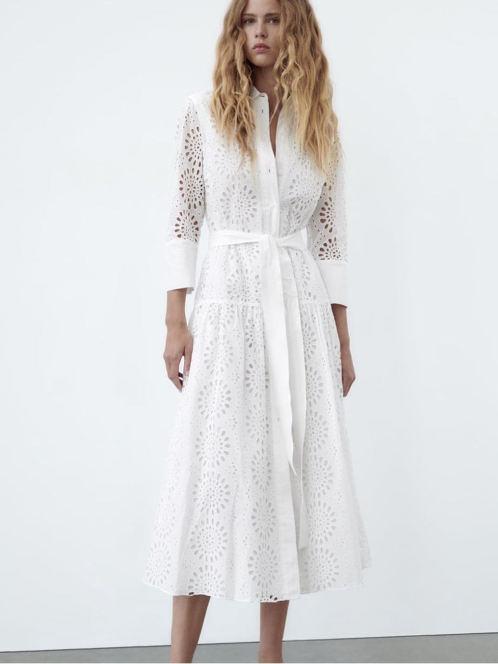 Zara Viral White Cotton Eyelet Embroidered Drop Waist Midi Shirt Dress - XS